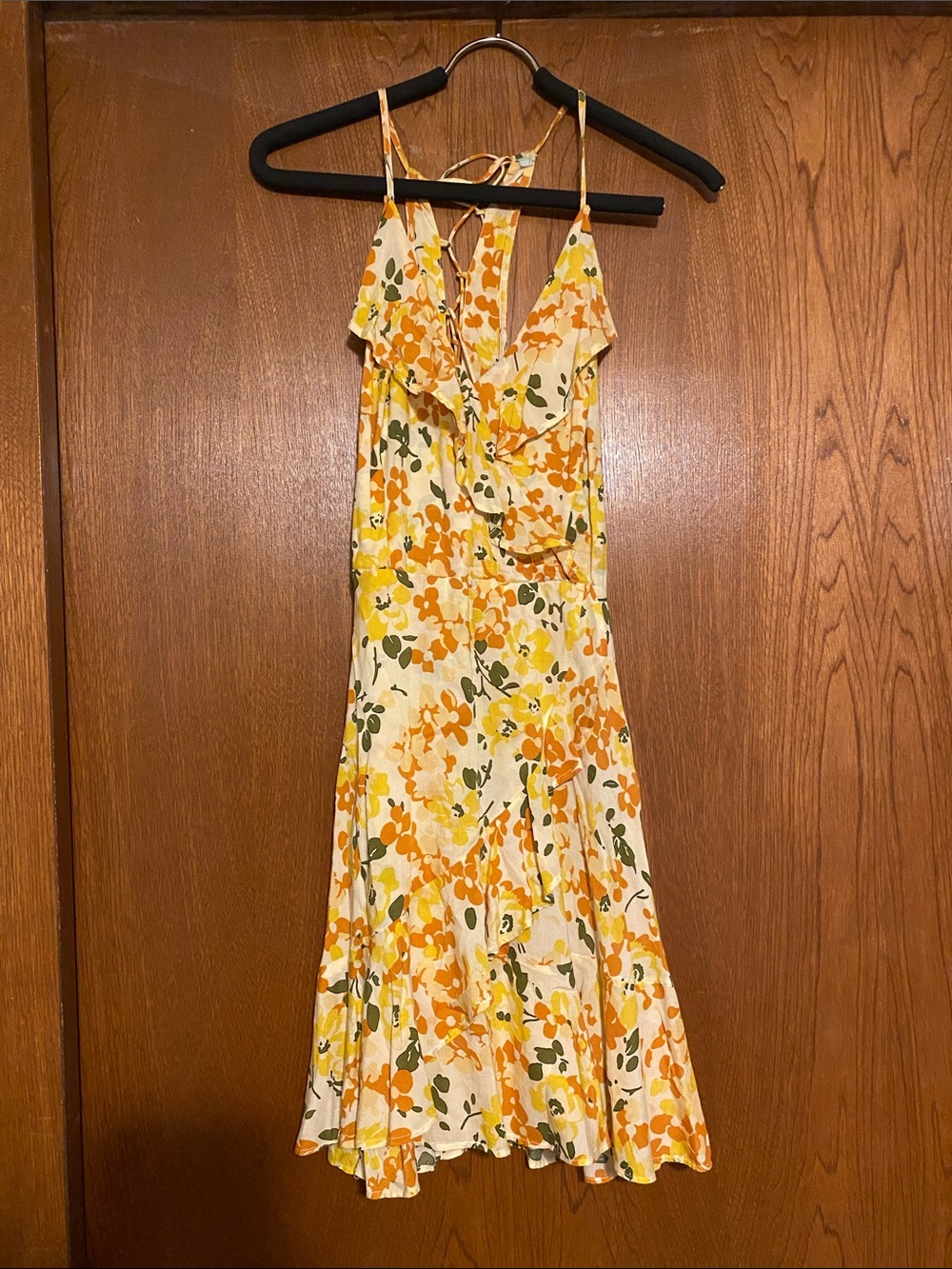 Floral Ruffle Midi Dress in Yellow and Orange